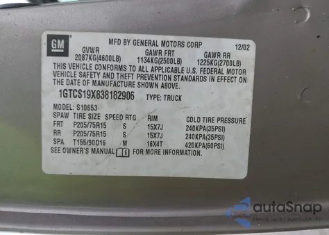 2003 GMC Sonoma Sls из США, поврежденный, VIN 1GTCS19X838182906